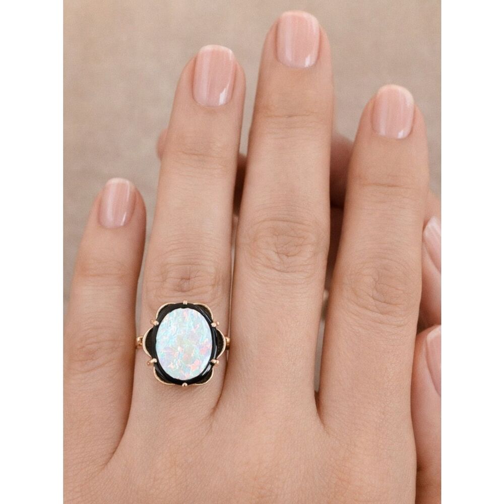 Vintage 10K Yellow Gold Australian Fire Opal & Black Onyx Halo Ring Art Deco